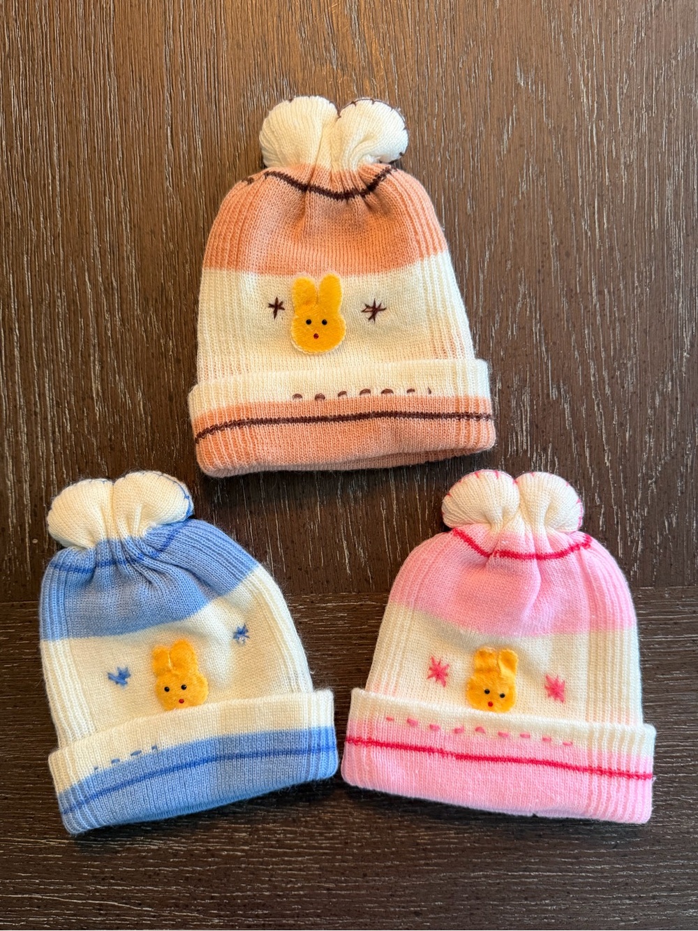 Set of 3 Bunny Knit Pom Pom Beanies | Baby Toddler Hats